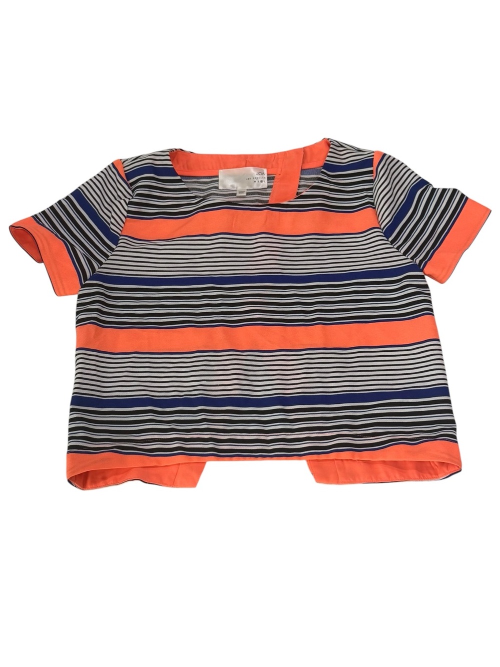J.O.A. Short Sleeve Striped Blouse Orange, Navy & White Open Back Size Medium